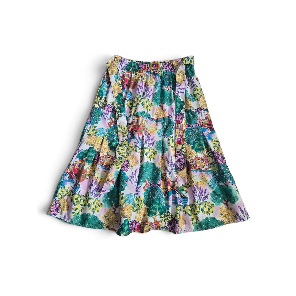 Deja Bleu Cottagecore Colorful Scenic Print Midi Skirt Tiered Tie Belt Whimsical